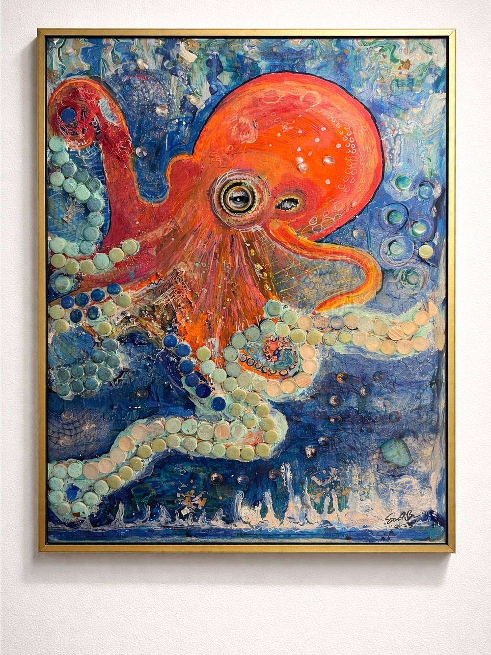 ORIGINAL. Vibrant Orange Octopus Wall Art - Artist Signed .